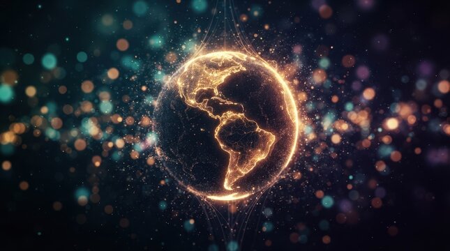 Glowing digital globe representing global connectivity and world unity with bokeh light particles on a dark background World AIDS Day