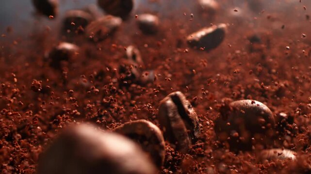 Ground coffee and whole coffee beans bouncing together in the air at 1000 fps, evoking the dynamic process of grinding with rich texture, freshness and an aromatic cinematic coffee mood.