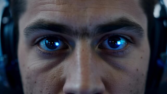 Male gamer with headphones focused intensely, eyes reflecting vibrant blue light, showcasing concentration in a high-tech gaming environment