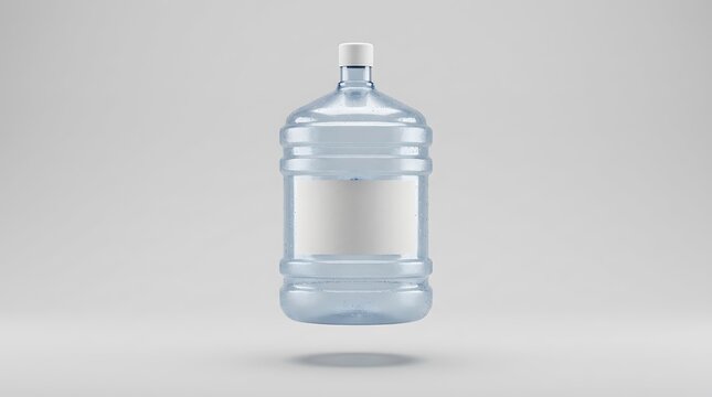 Large clear plastic water bottle container with a blank label for branding and mock up presentation design. 5 gallon water jug
