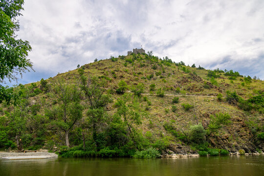 Ruins of medieval fortress Maglic on top of hill by the Ibar river in Serbia. On the wall of medieval fortress Maglic