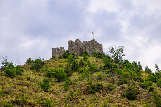 Ruins of medieval fortress Maglic on top of hill by the Ibar river in Serbia. On the wall of medieval fortress Maglic
