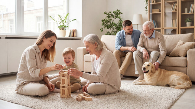 Three generations of a family playing together in the living room. Multigenerational family concept: grandparents, mom and dad, child and dog.