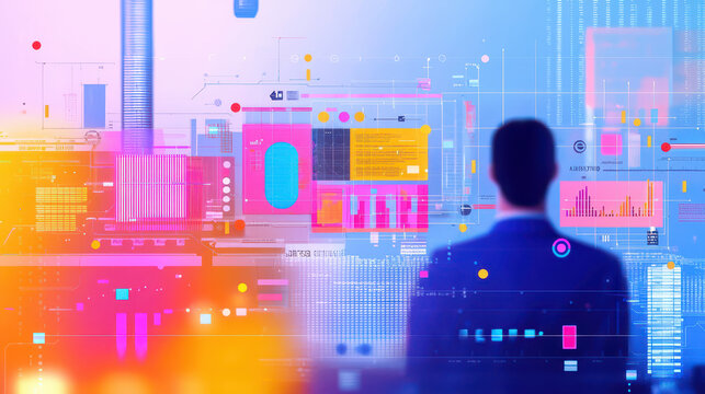 Person stands front of colorful digital interface, observing data visualizations and technology elements, evoking sense of innovation and analysis
