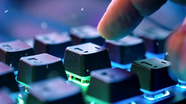 Close-up of finger pressing illuminated key on mechanical keyboard, showcasing the action of typing with visible keycap details and glowing LED lights in a dark environment