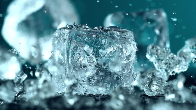 Ice cubes exploding and floating through the air in ultra slow motion at 1000 fps, creating a spectacular frozen burst with crystal-clear texture, energy and dynamic movement.