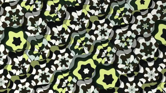 Hexagonal Cell Mosaic Splitting Into Twelve Flat Color Shards As Symmetry Steps Down, Seamless Loop in deep black tones