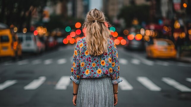 A woman stands with her back to the camera on a city street, facing blurred traffic and lights in the background.