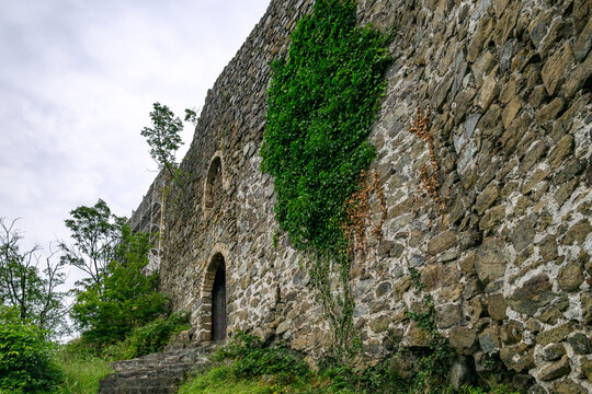 Ruins of medieval fortress Maglic on top of hill by the Ibar river in Serbia. On the wall of medieval fortress Maglic
