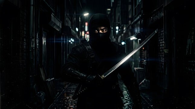 Mysterious ninja warrior holding a katana sword in a dark rainy urban alleyway at night