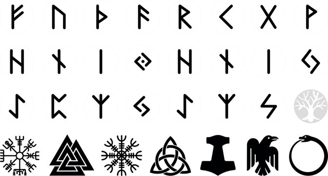 Viking Elder Futhark Runes Alphabet and Norse Mythology Symbols Set with Valknut Mjolnir Vegvisir Triquetra Raven for Tattoo Design