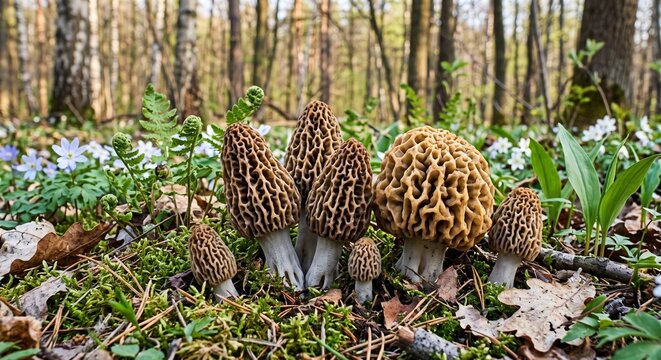 Group of wild morel mushrooms Morchella esculenta growing on moss in a sunny spring forest