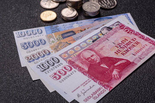 Iceland, Icelandic paper banknotes krona for settlements and financial transactions. Icelandic krona
