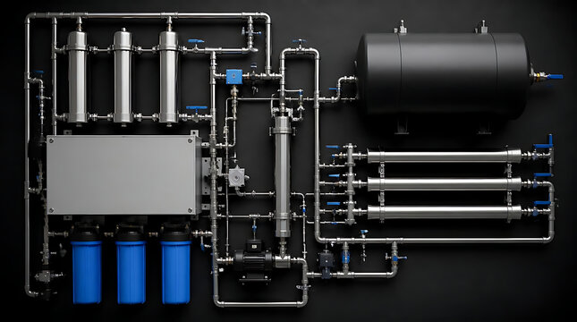 Industrial reverse osmosis water purification plant system 3D rendering.