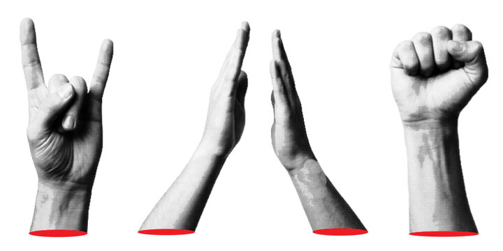 Halftone pop art hands making rock horns high five and fist gestures with red cut wrists