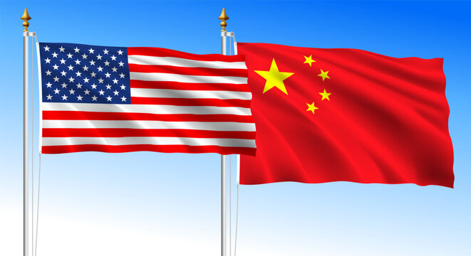 United States - China summit USA 2026, waving flags on blue sky background, vector illustration