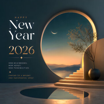 Minimalist new year 2026 greeting background with golden circular archway sunset mountains steps and calm water for holiday posters.