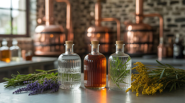 Distillerie artisanale avec alambics en cuivre et plantes aromatiques
