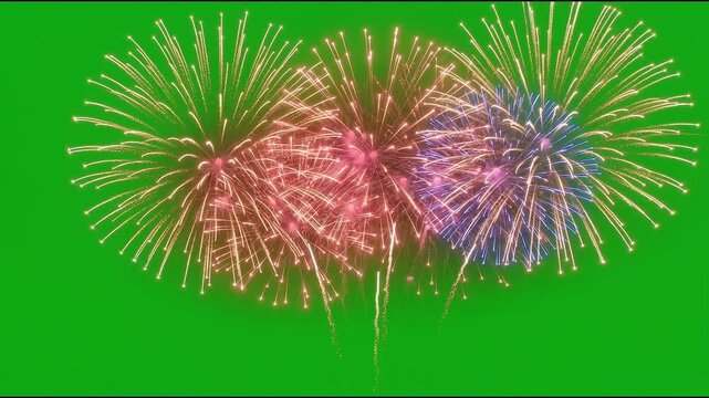 Colorful fireworks explosion effects on green screen background chroma key.