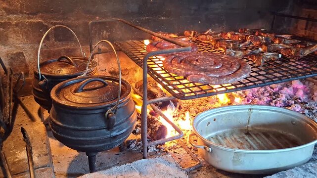 South African braai with meat being cooked over open flames on a grill and two traditional cast iron potjie pots on the side