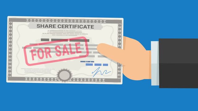 Businessman hand presenting a stock share certificate stamped for sale representing equity liquidation and trading investment. (loopable)