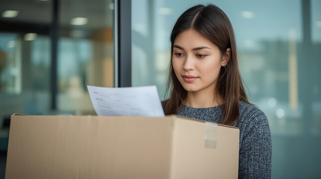 Asian woman delivery worker cardboard box reviewing document