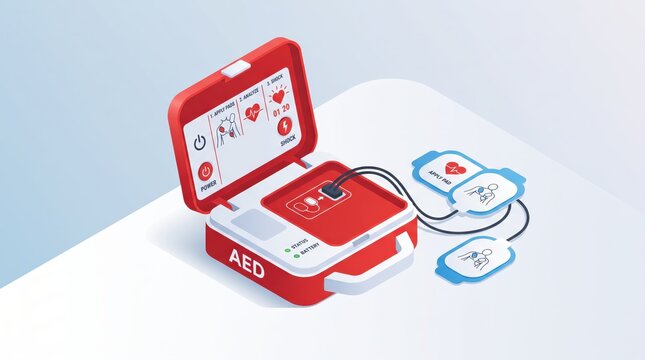 Red automated external defibrillator (AED) medical device illustration with electrode pads and clear usage instructions, representing emergency first aid, CPR, heart health