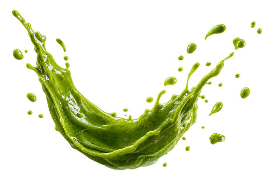 Green smoothie splash with droplets and liquid splatter isolated on transparent background