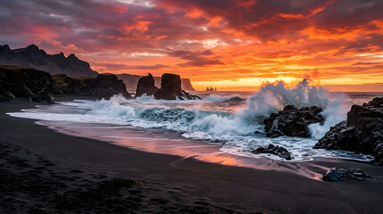 Fototapeta premium A dramatic black volcanic sand beach where powerful ocean waves crash against smooth