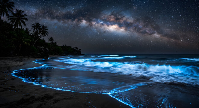 A dark sandy tropical beach at night where crashing ocean waves glow with vibrant neo