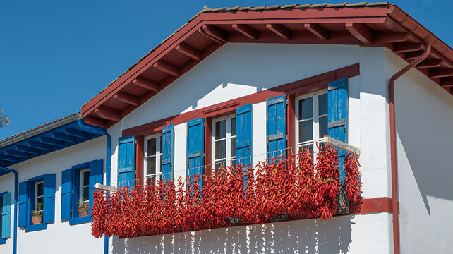 Piments d'Espelette s&eacute;chant en guirlande sur une fa&ccedil;ade basque