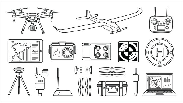 Aerial Drone Mapping and Agricultural Survey Technology Vector Set.