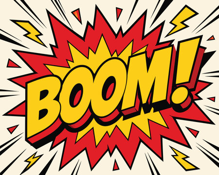 Retro comic book boom explosion vector, pop art sound effect bubble, vintage cartoon action graphic