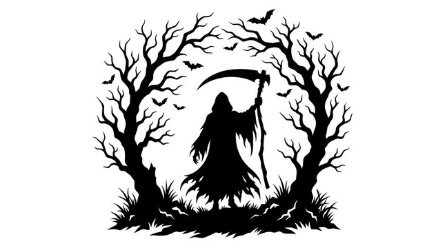 Grim reaper silhouette with scythe standing in a spooky haunted forest with bare trees and bats flying overhead for dark Halloween vector design and horror themes