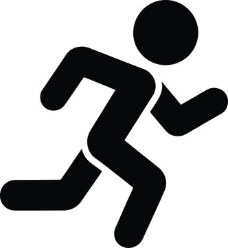 A bold black silhouette of a person running, depicted in a simple, stylized form, isolated on a white background, representing exercise, speed, or active movement