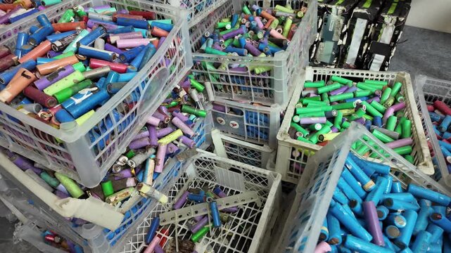 18650 lithium-ion battery cells ready for recycling. Electronic waste (e-waste), sustainable energy management, and battery reuse initiatives