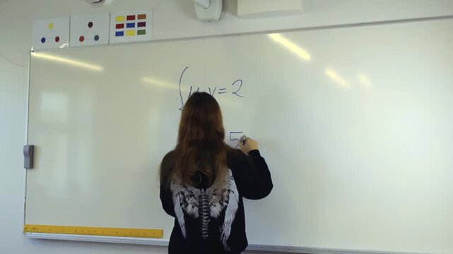 High school student with long hair solving a difficult mathematical equation on a white magnetic board with a black marker during a lesson in a classroom, representing knowledge and education