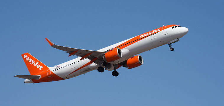 Tenerife, Spain august 31st, 2026. Airbus A321-251NX easyJet airlines, flies in the blue sky. Takeoff at Tenerife Airport