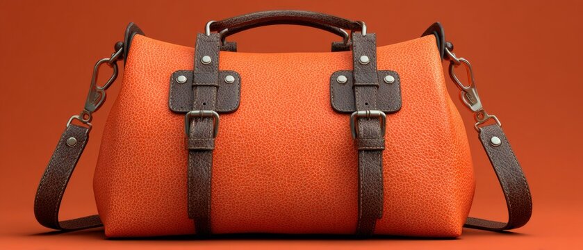An orange leather handbag with dark brown straps and silver hardware against an orange background.