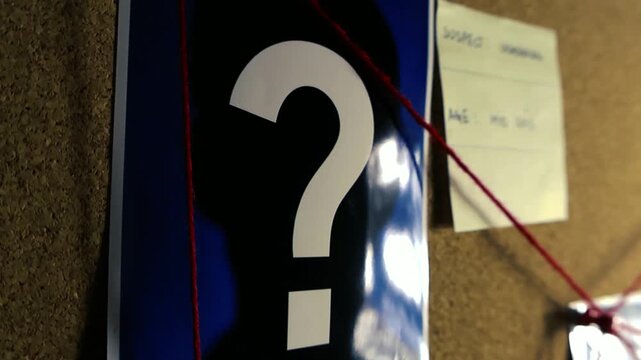Unsolved crime investigation board with a suspect silhouette, pictures, notes, and red thread connecting the clues. A law enforcement agency is working to solve a criminal case and find the killer
