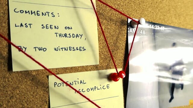 Close up view of a police detective's corkboard with photographs, post it notes, and clues connected by a red string, illustrating the process of solving a complex criminal case