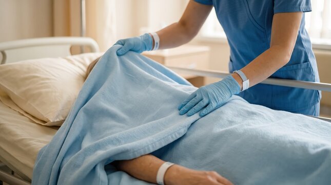 Compassionate nurse adjusting blanket for patient in hospital bed, providing gentle care and comfort in medical ward, healthcare professional wearing blue uniform and gloves