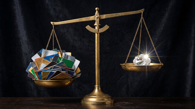 Sparkling brilliant diamond on vintage brass balance scale heavily outweighing big pile of plastic credit cards against black velvet background, luxury and true value concept.