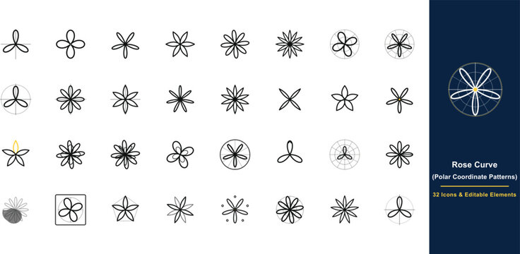 Minimalist rose curve polar coordinate patterns, 32 icons of editable geometric elements, black line art floral shapes for logo design