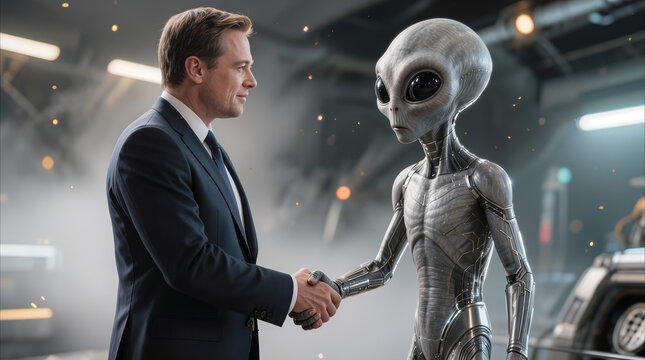 Government official shaking hands with grey alien in high-tech hangar. First contact and diplomatic relations concept with extraterrestrial life.