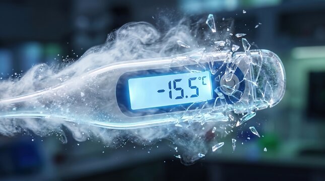 a digital thermometer shattering into pieces from extreme freezing subzero temperatures with frost and mist.