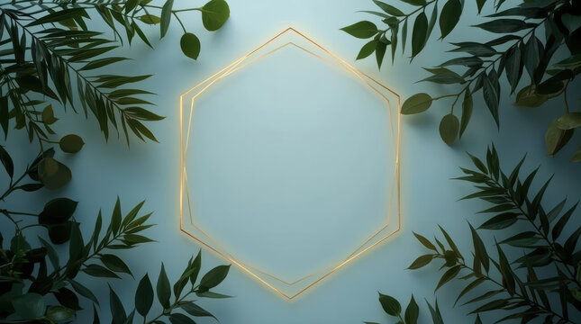 Botanical border surrounds glowing golden hexagon on blue background