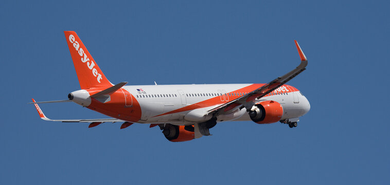 Tenerife, Spain august 31st, 2026. Airbus A321-251NX easyJet airlines, flies in the blue sky. Takeoff at Tenerife Airport