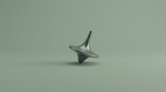 A metallic spinning top stands upright on a minimalist light green surface, suggesting balance or perpetual motion.