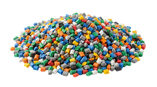 Colorful plastic granules pile on white background, recycled polymer pellets for industrial manufacturing, multi-colored raw plastic material